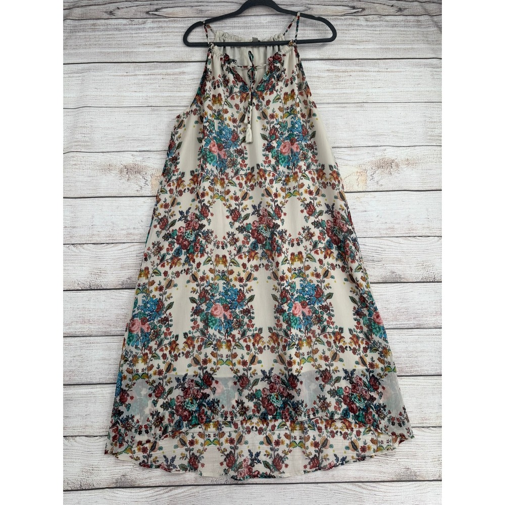 Lucky Brand Dress Womens Large Cream Floral Halter High-Low Tassel 7W90454
